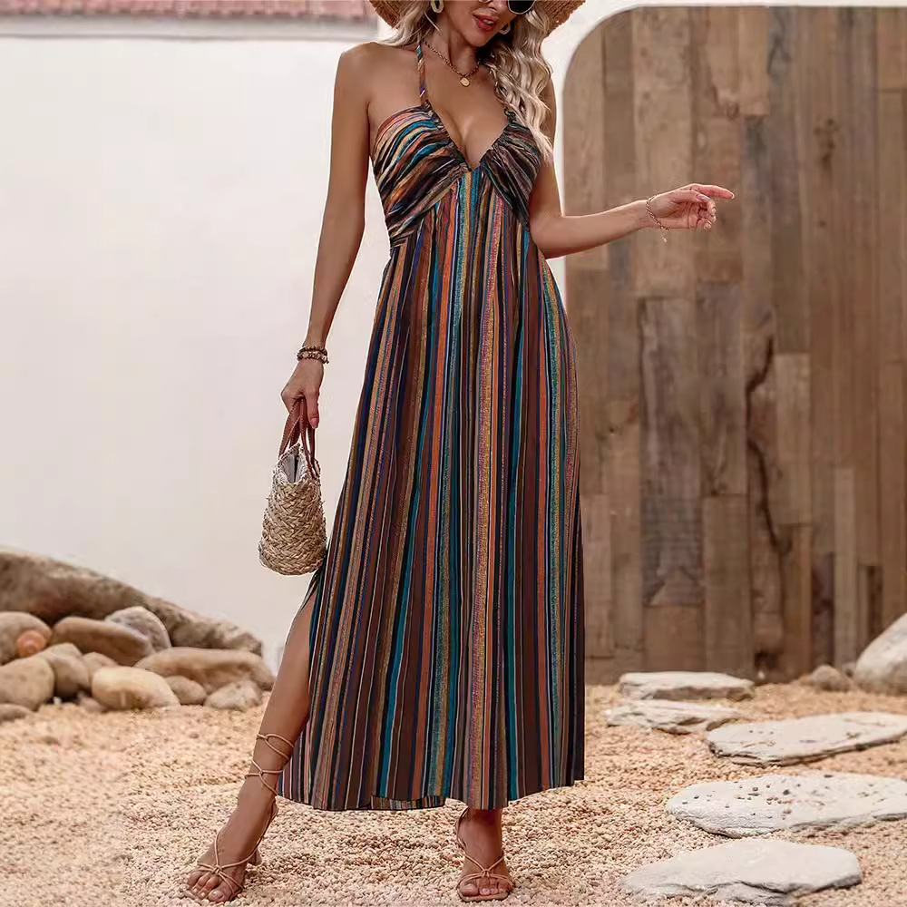 Striped Print Chiffon Cami Maxi Dress with Flared Hem