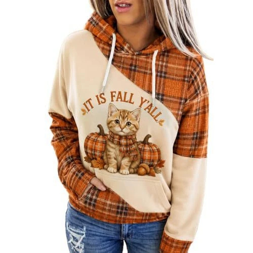 Plaid Cat & Pumpkin Print Hooded Sweatshirt for Women