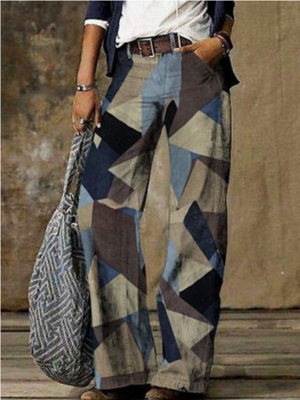 Cable-Knit Wide-Leg High-Waist Cotton Pants Vintage Blue
