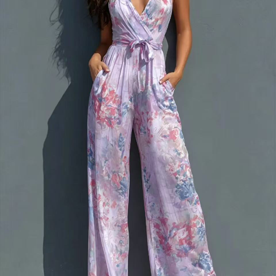 Women's Halter Deep V Printed Jumpsuit High Waist Tie Wide Leg