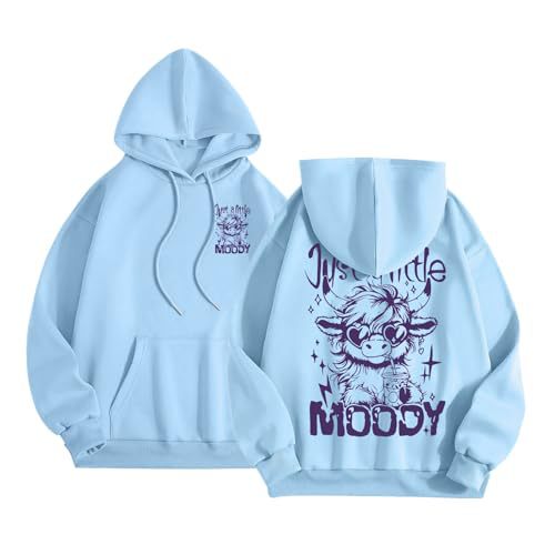 Women's Moody Letter Print Hoodie with Bull Head Sunglasses Graphic