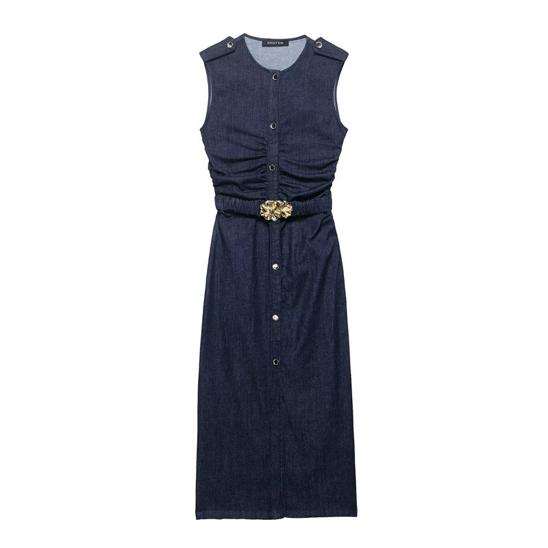 Women's Belted Pleated Denim Dress Sleeveless High Waist Long