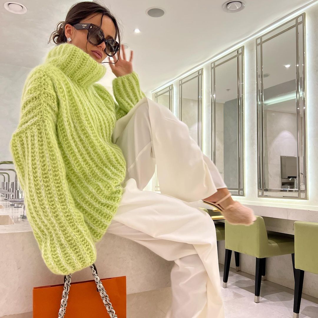 Fluffy Long-Sleeve Turtleneck Pullover Sweater