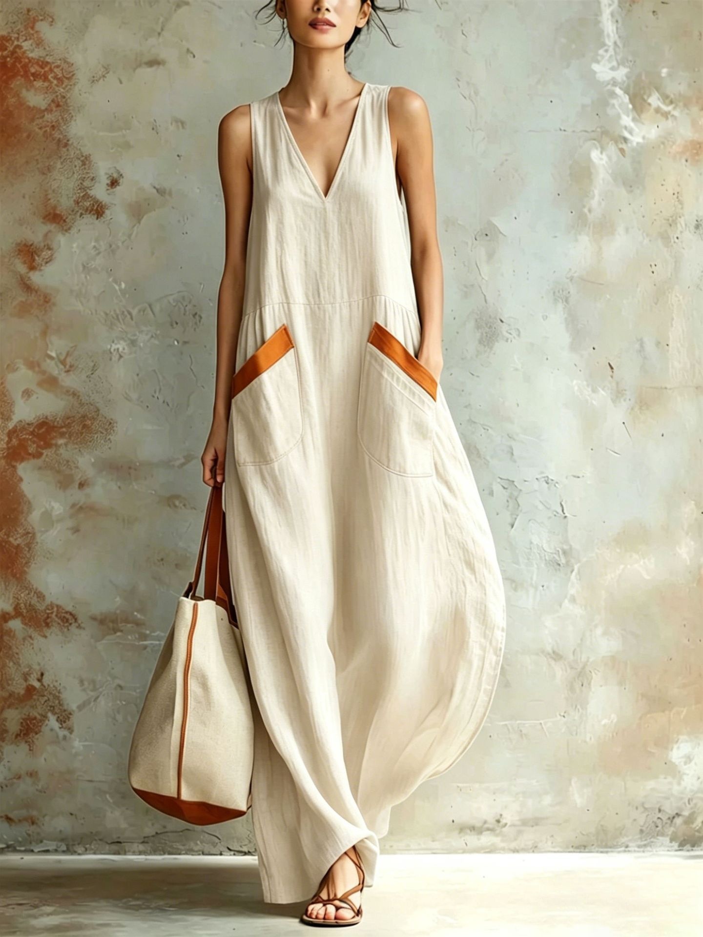 V-Neck Loose Lightweight Sleeveless Maxi Dress