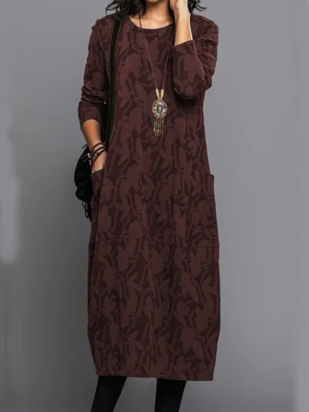 Women's Printed Round Neck Long Sleeve Pocket Dress