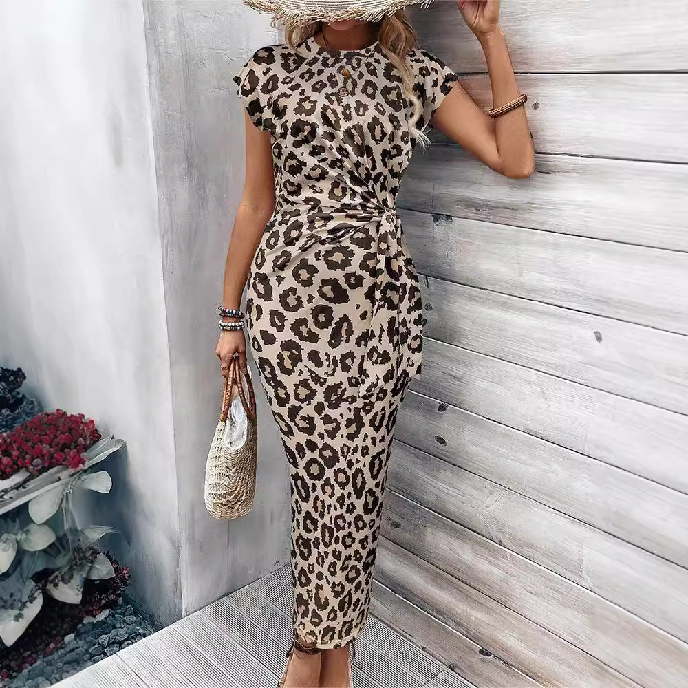 Retro Leopard Print Bodycon Dress with Round Neck, Cap Sleeves, Side Twist Knot, Waist-Cinching, Slim Fit
