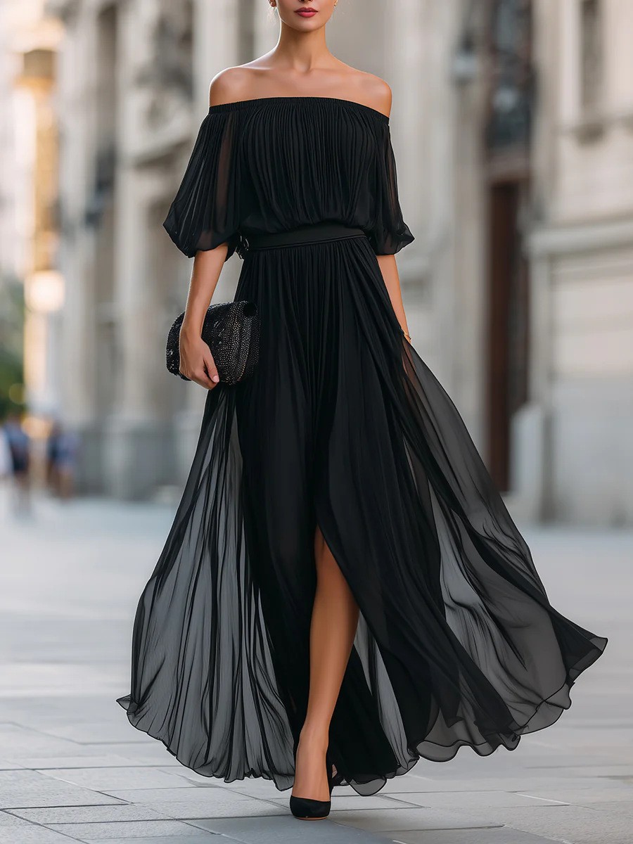 Women's Off-Shoulder Chiffon Maxi Dress Solid Color Waist-Cinched