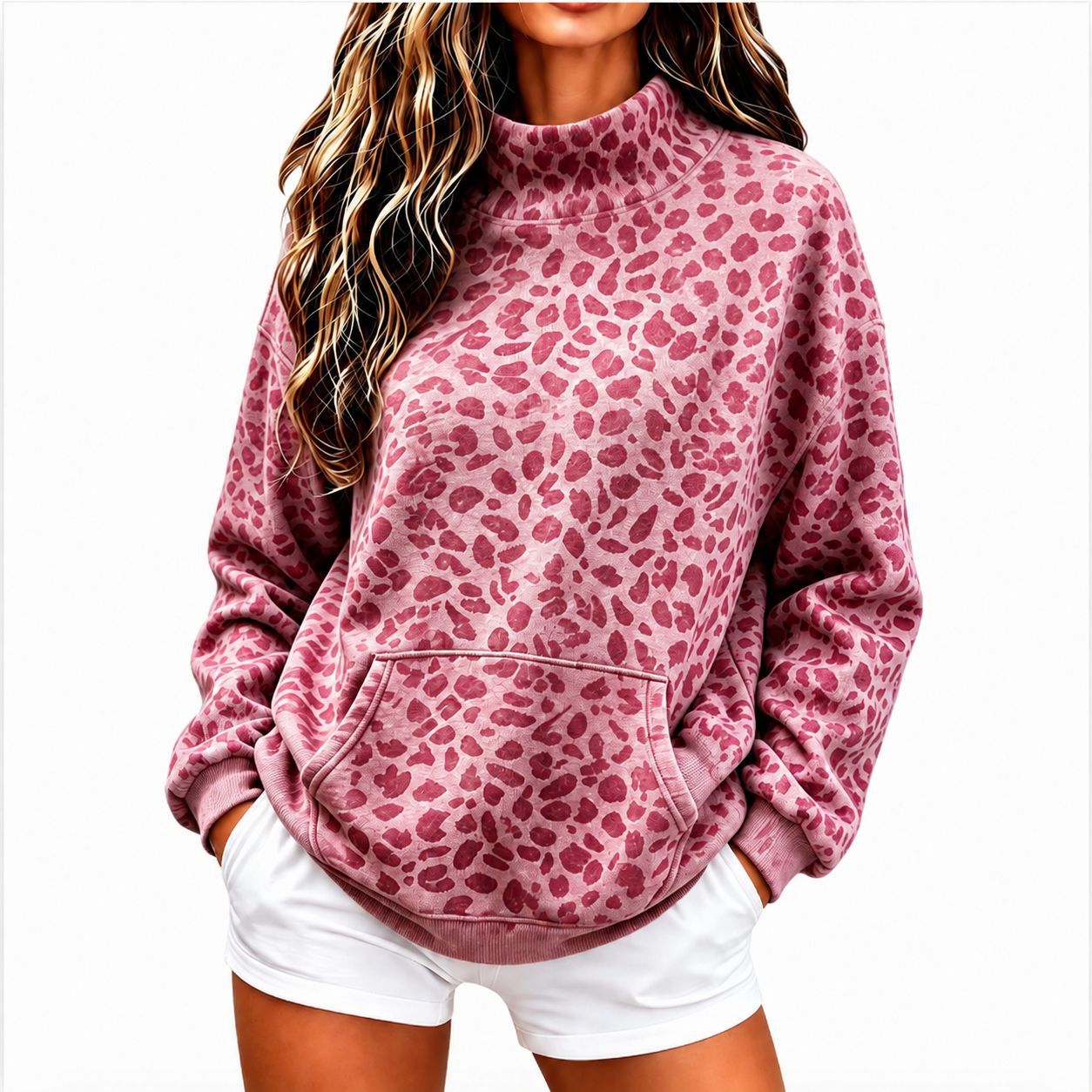 Women's Leopard Print Turtleneck Sweatshirt Loose Fit Long Sleeve