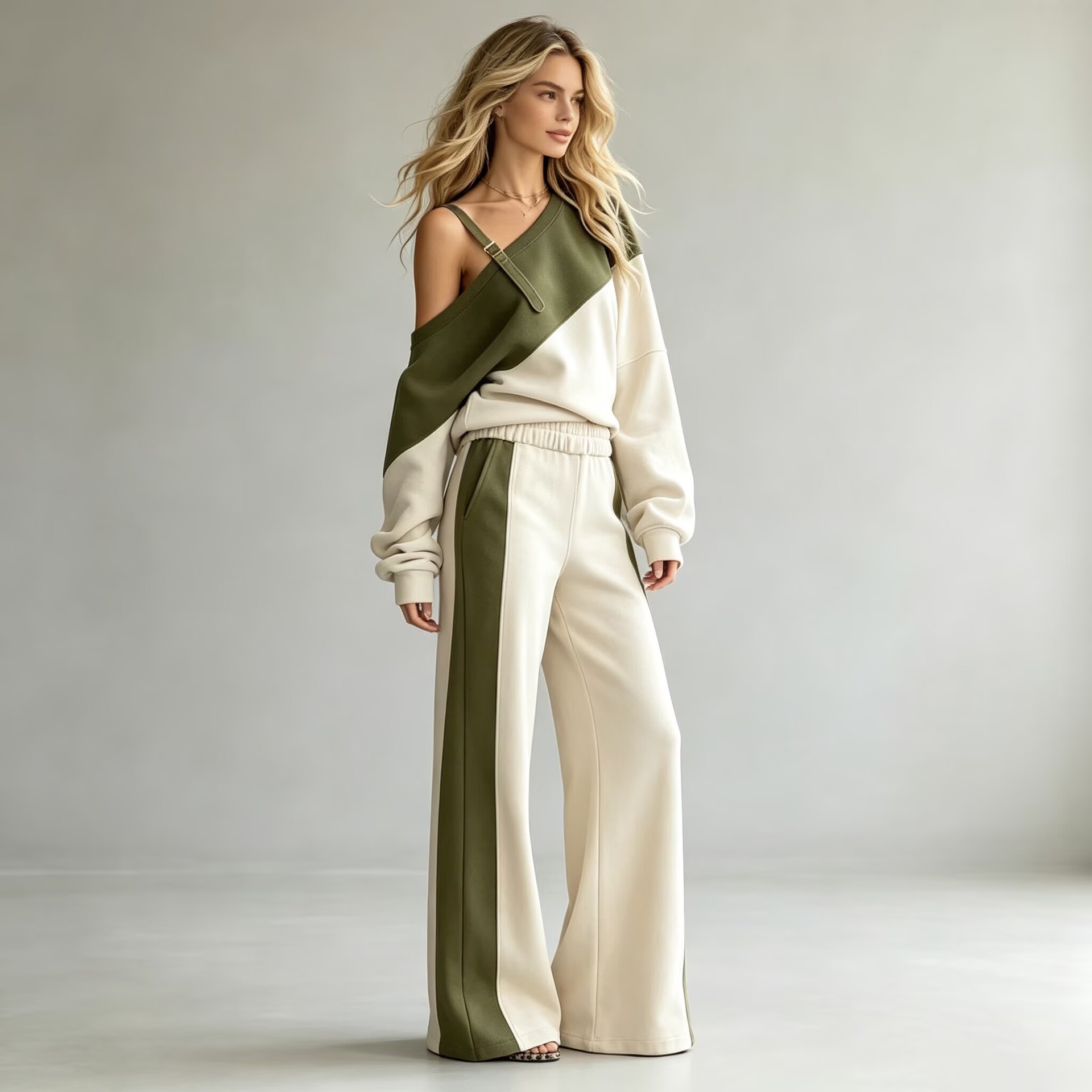 Women's Colorblock One-Shoulder Sweatshirt & Wide-Leg Pants Set
