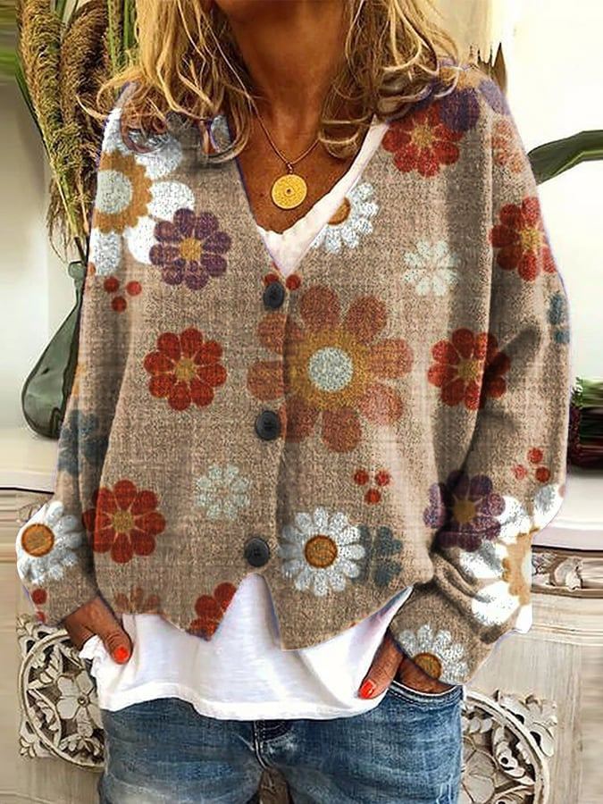 Printed Women's Cardigan Soft Knit Sweater Casual Poncho Coat