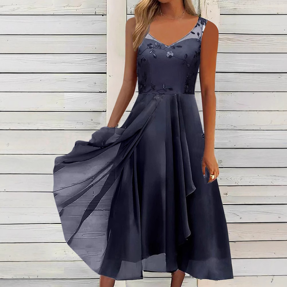 Sleeveless Chiffon Dress with Mesh Lace Panels and High-Low Hem