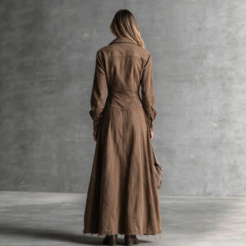 Women's Casual Solid Color Long Denim Dress with Shirt Collar and Pockets