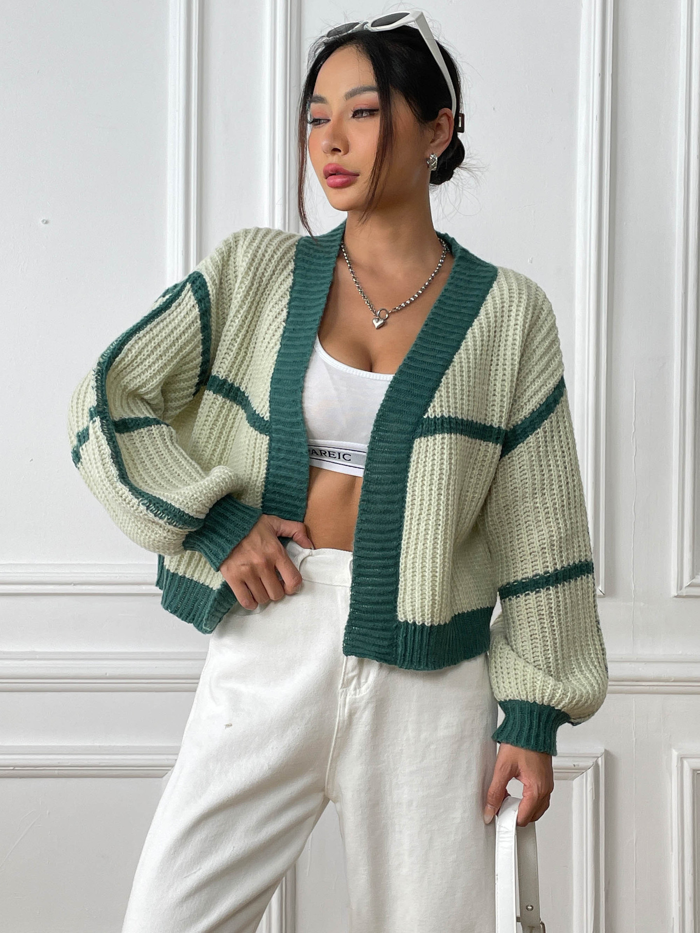 Women's Color-Block Knit Cardigan Loose Fit V-Neck Lantern Sleeve