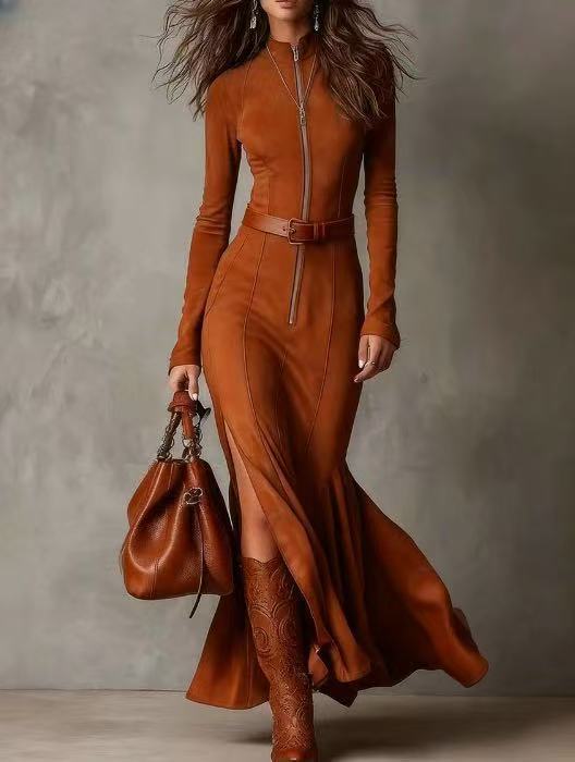 Elegant Zip-Front Mermaid Dress with Faux Suede Finish