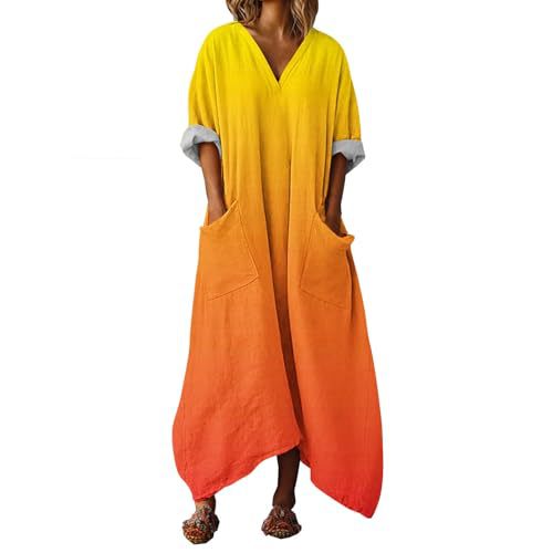 Women's Colorful Gradient A-Line Midi Dress with Deep V-Neck and Long Sleeves