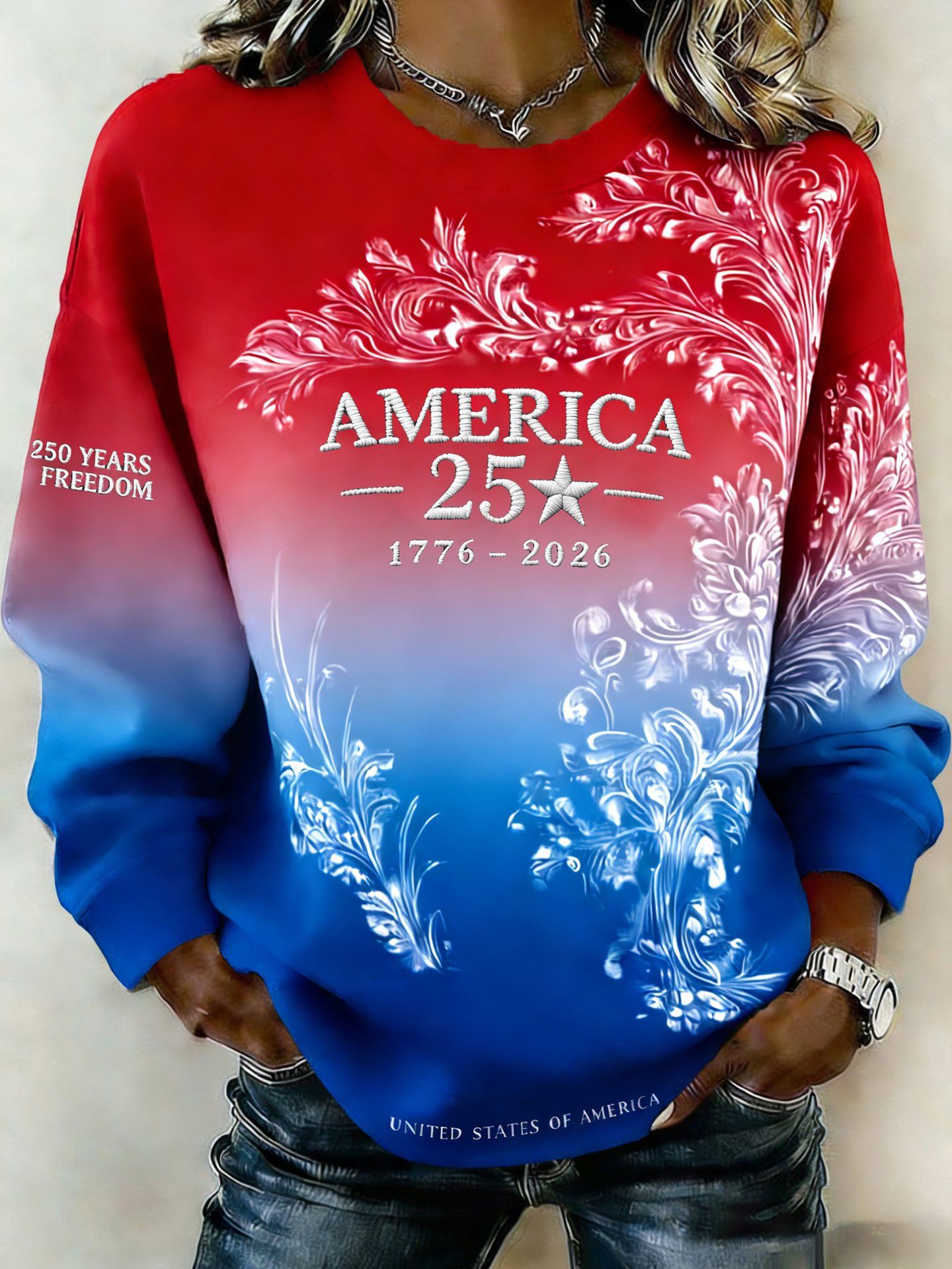 Women's American Flag Floral Print Crewneck Sweatshirt