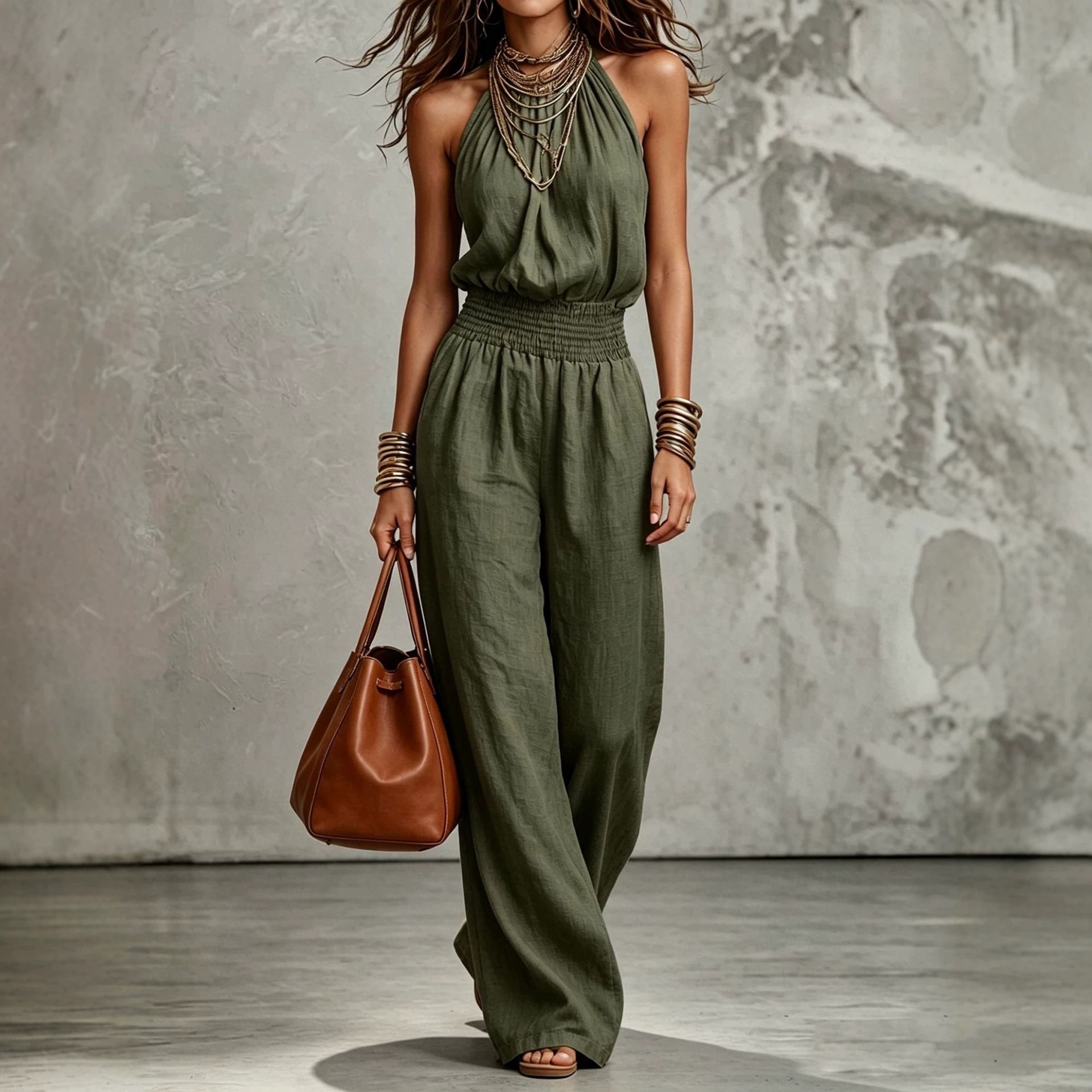 Women's Sleeveless Open-Back Tie-Waist Halter Wide-Leg Jumpsuit