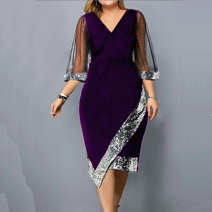 Gold Velvet Asymmetric Sequin Sheer Mesh Women's Dress