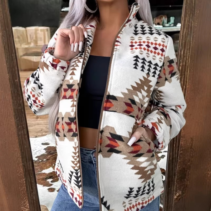 Western Print Zip-Up Cardigan Jacket