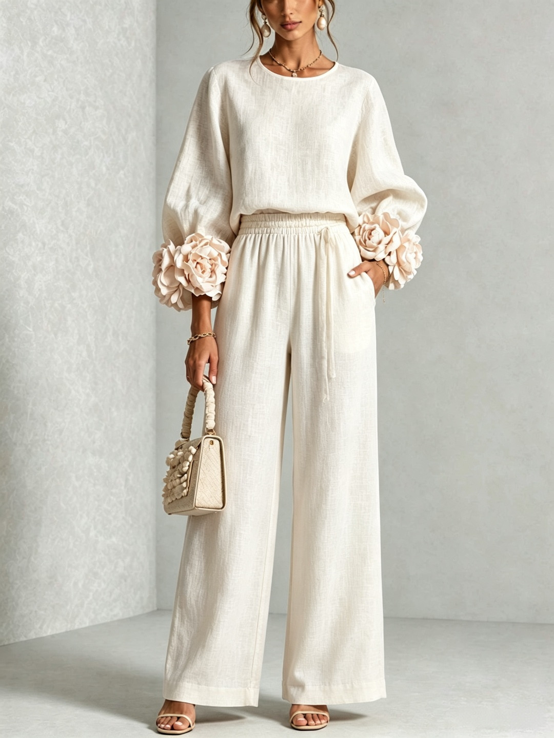 Rose Cuff Lantern Sleeve Top & High-Waist Wide-Leg Pants Set