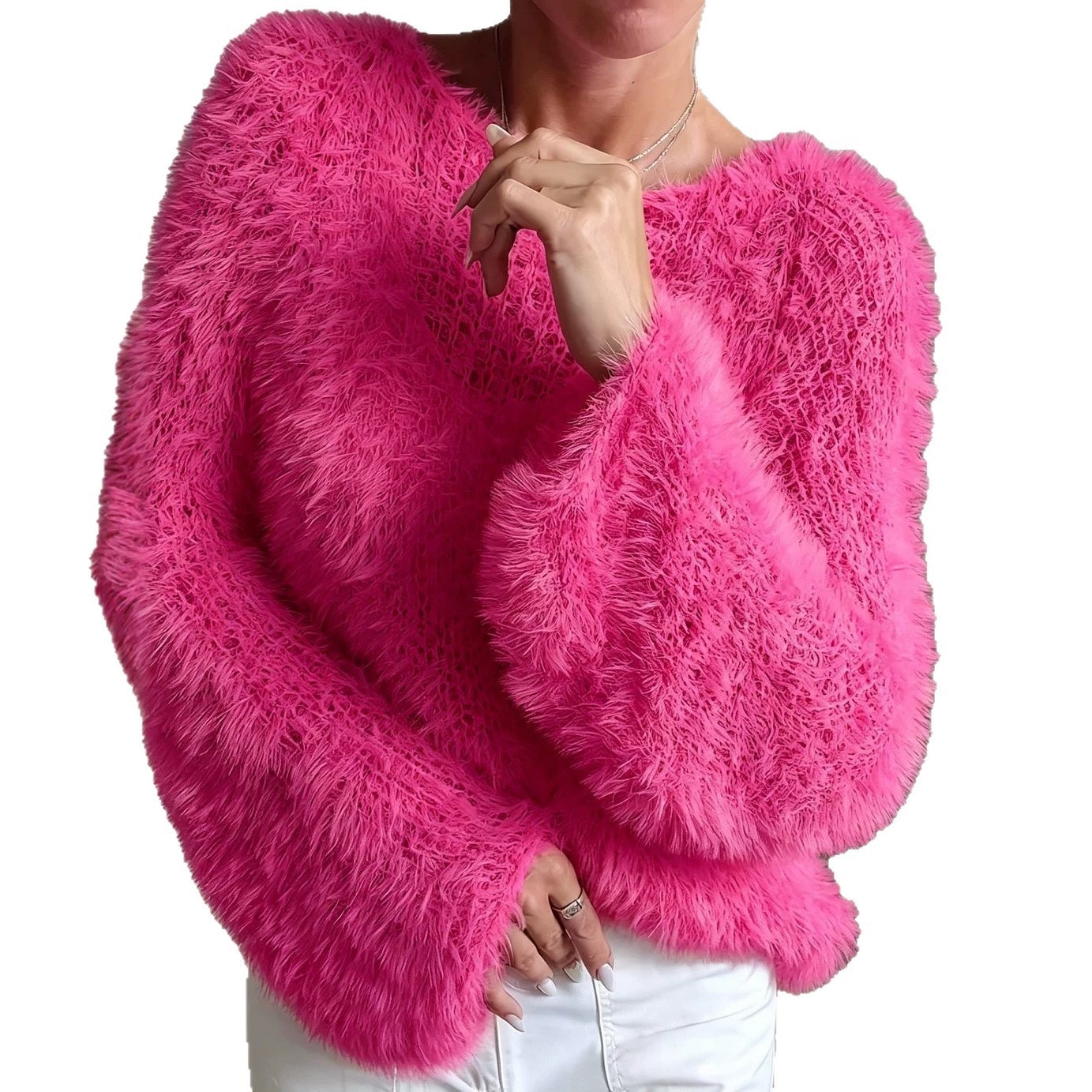 Macaron Color Crewneck Fluffy Long-Sleeve Top