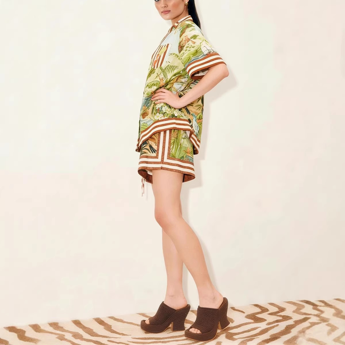 Boho Print Two-Piece Shirt and Shorts Set