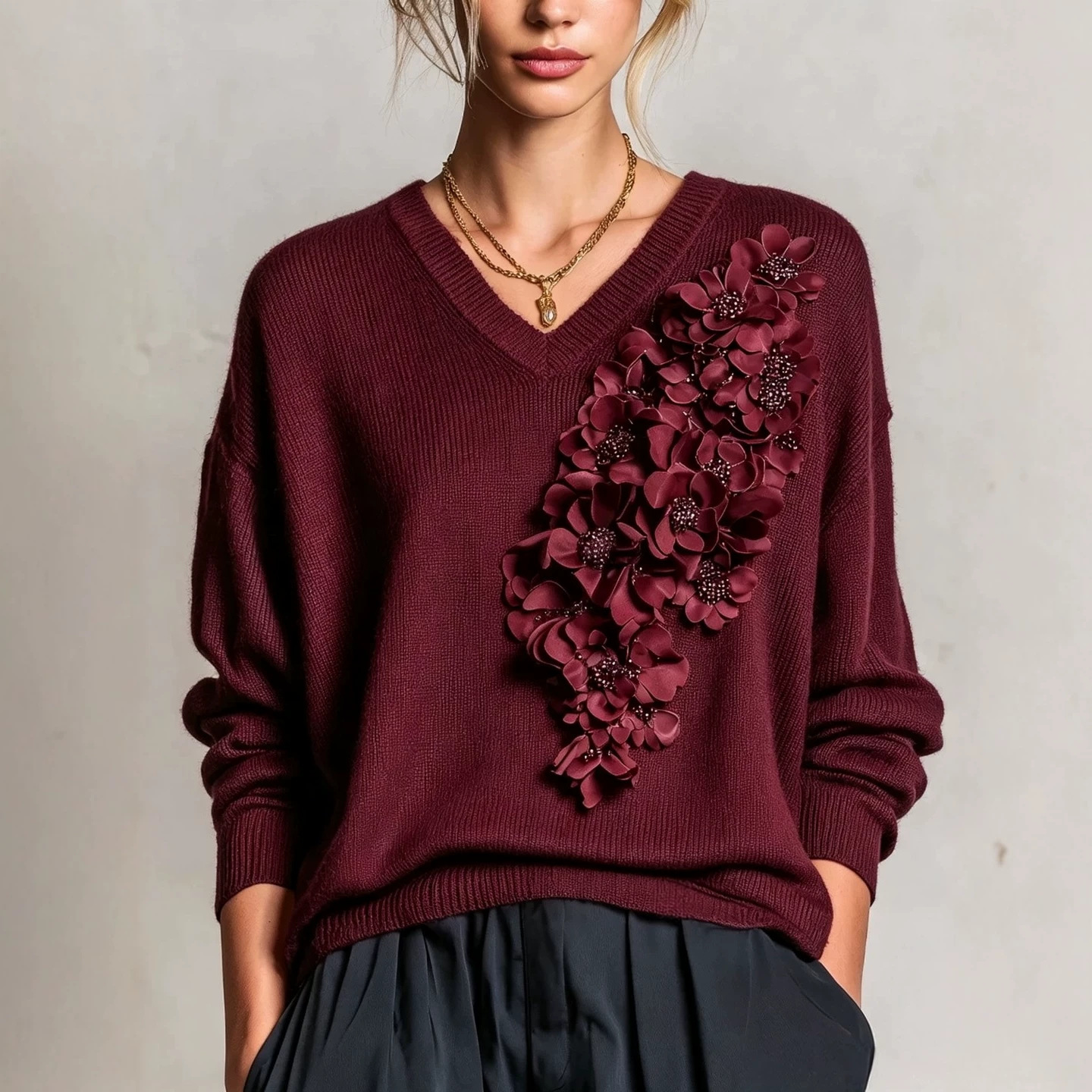 3D Floral V-Neck Knit Sweater