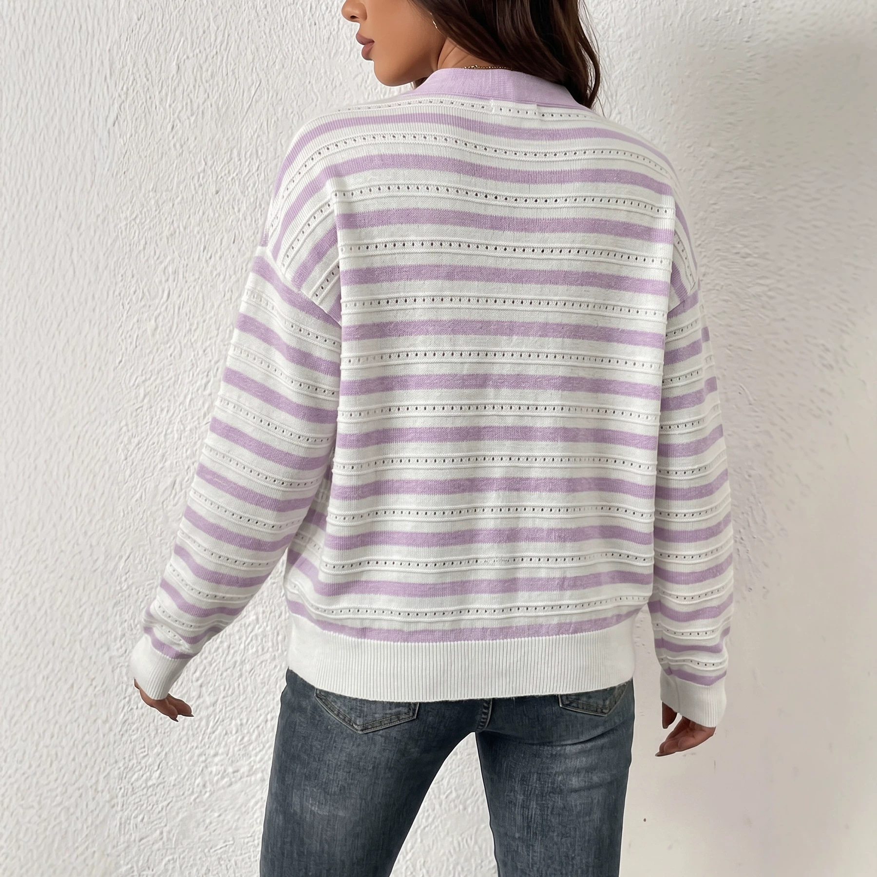 Lightweight Breathable Long-Sleeve Knit Pullover with Color-Block Stripes and Cutout Tie-Waist