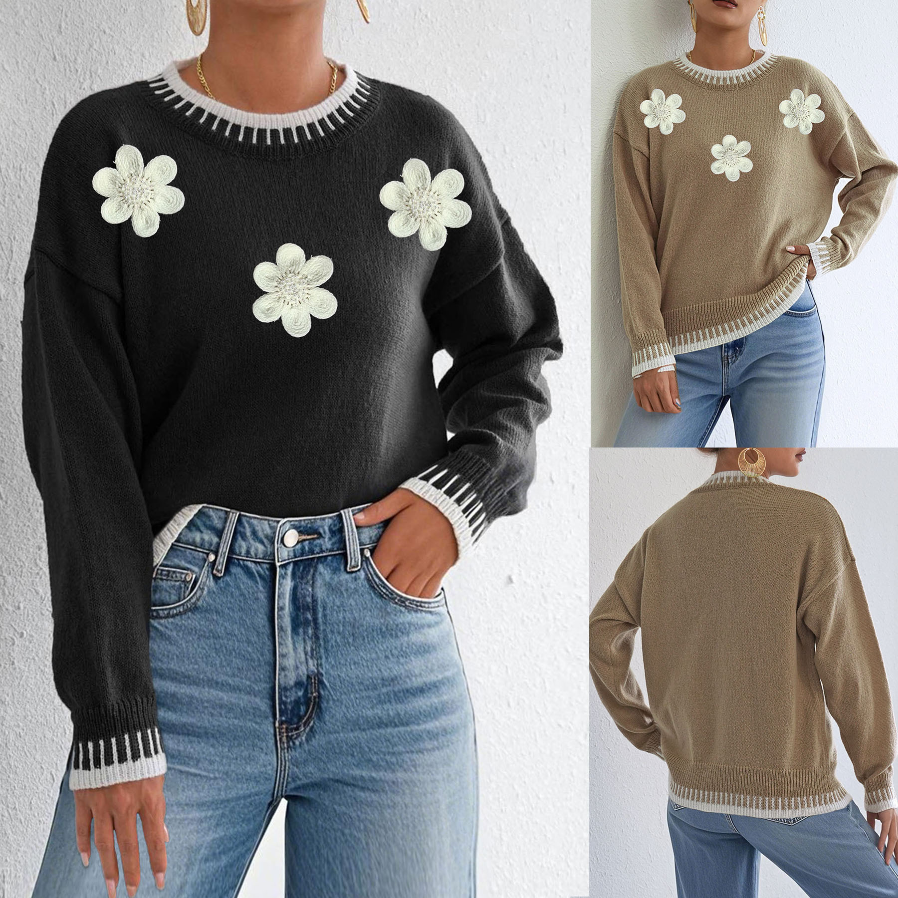 Color-Block Pullover Sweater with 3D Floral Embroidery & Beads