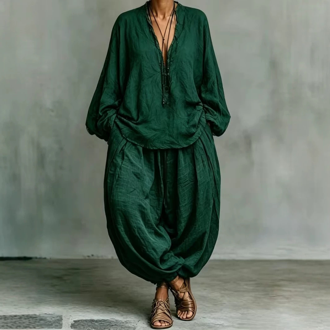 Retro V-Neck Lantern Sleeve Top and Pants Two-Piece Set