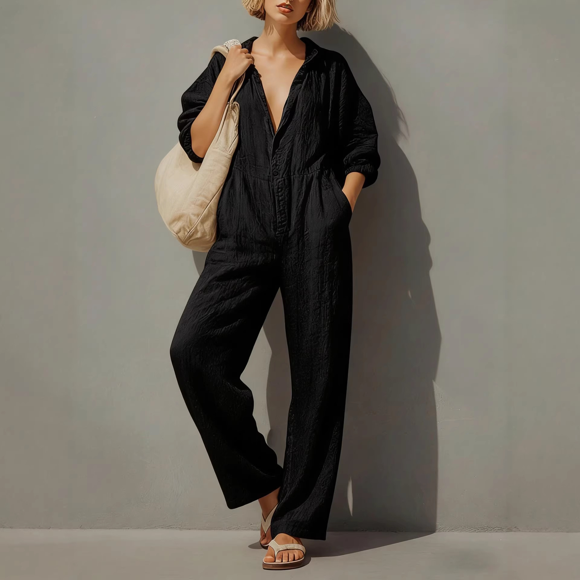 Women's V-Neck Button Long Sleeve Solid Color Jumpsuit with Pockets