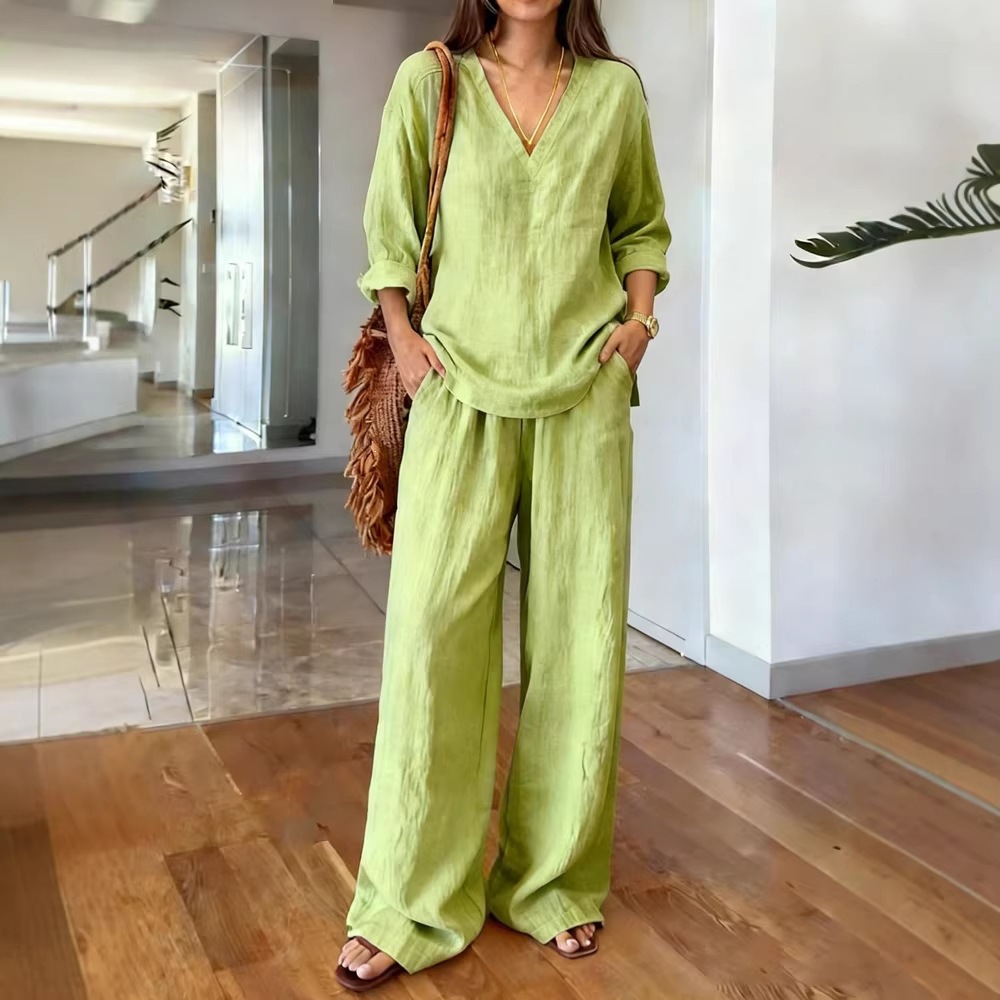 Women's Casual V-Neck Long Sleeve Top and Straight-Leg Pants Set Washed Cotton Multi-Color