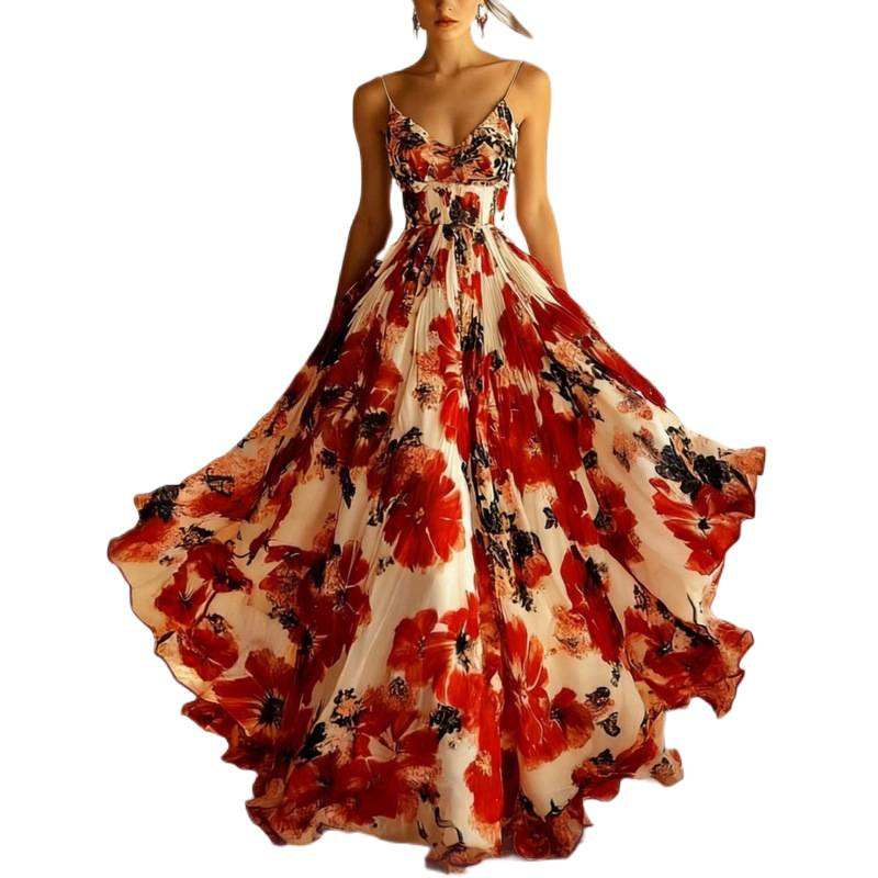 Sleeveless Floral Print Maxi Dress with Deep V-Neck and High Waist
