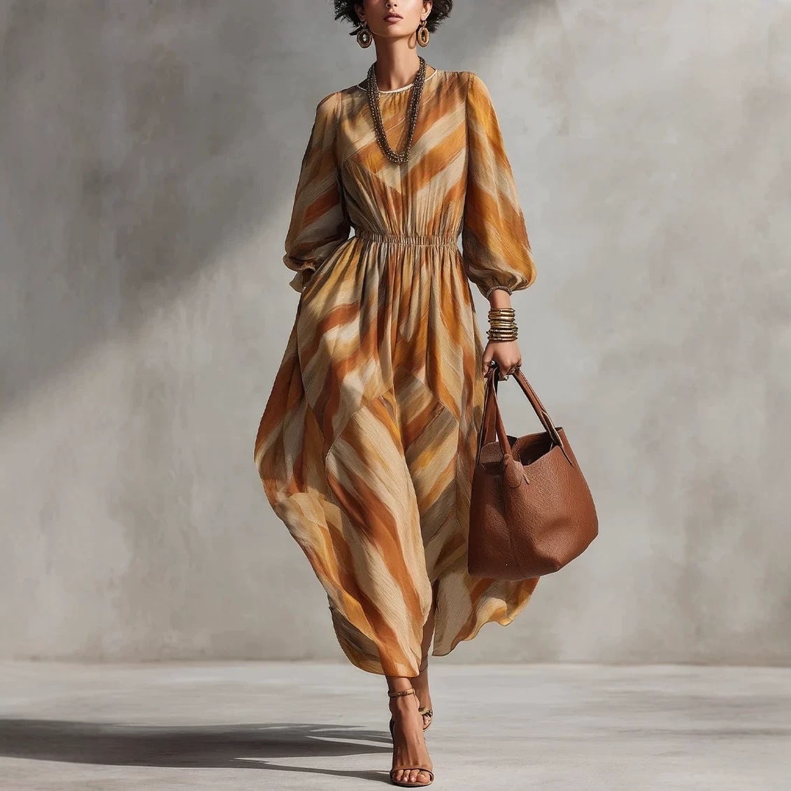 Twill Print Lantern Sleeve Maxi Dress Waist-Cinched Women's Vacation Dress