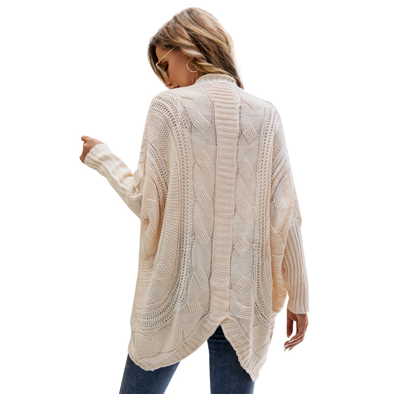 Women's Cable Knit Batwing Sleeve Cardigan Irregular Solid Color Shawl