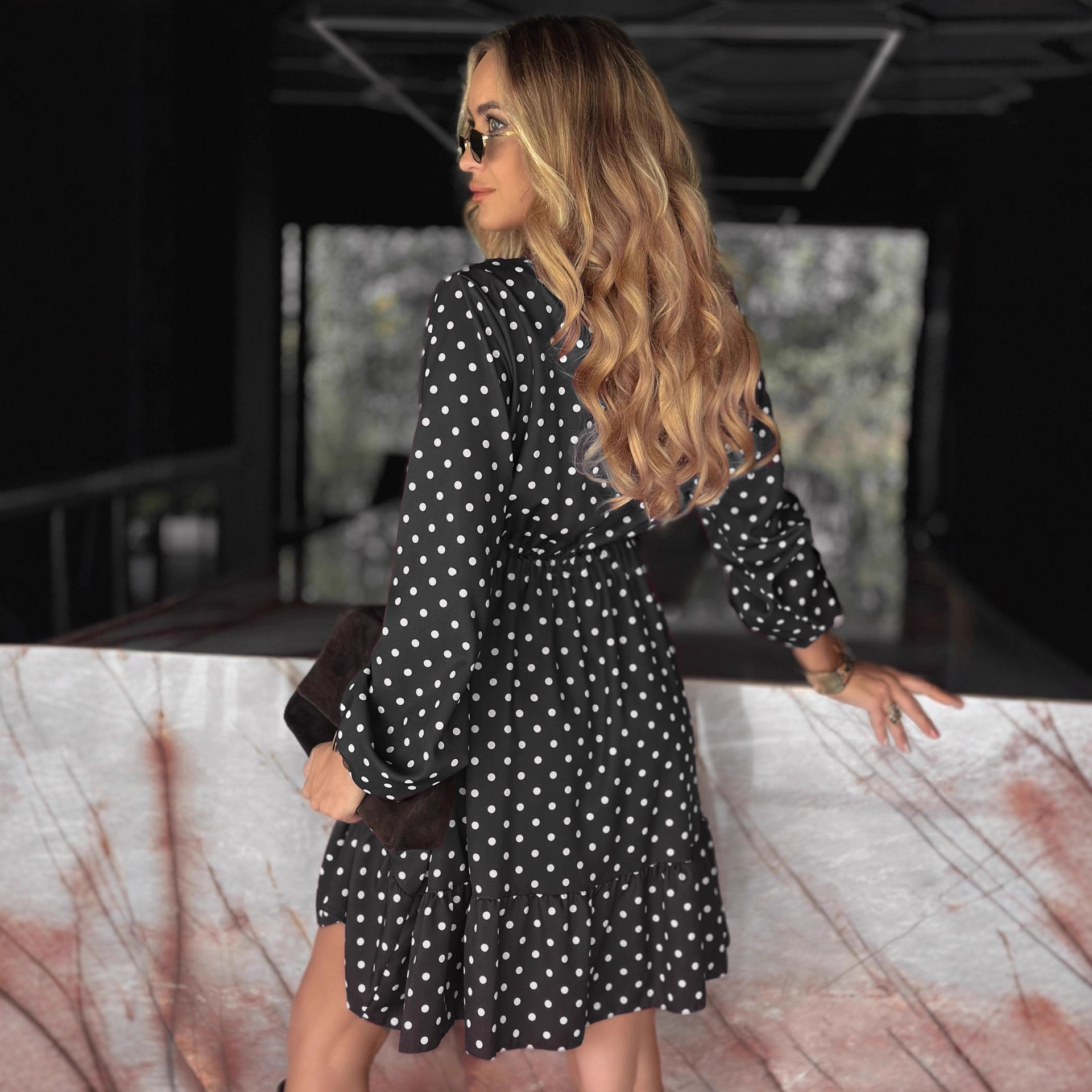 Women's Sweet Polka Dot V-Neck Long Sleeve Elastic Waist Midi Dress