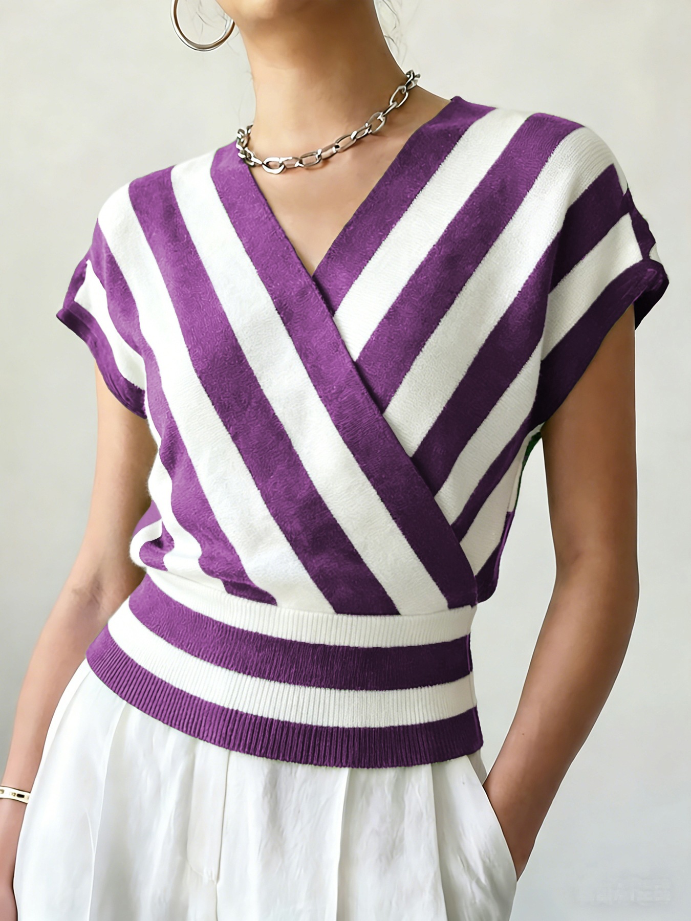 Women's Striped Cross-Neck Cinched Pullover Sweater Candy Color Casual