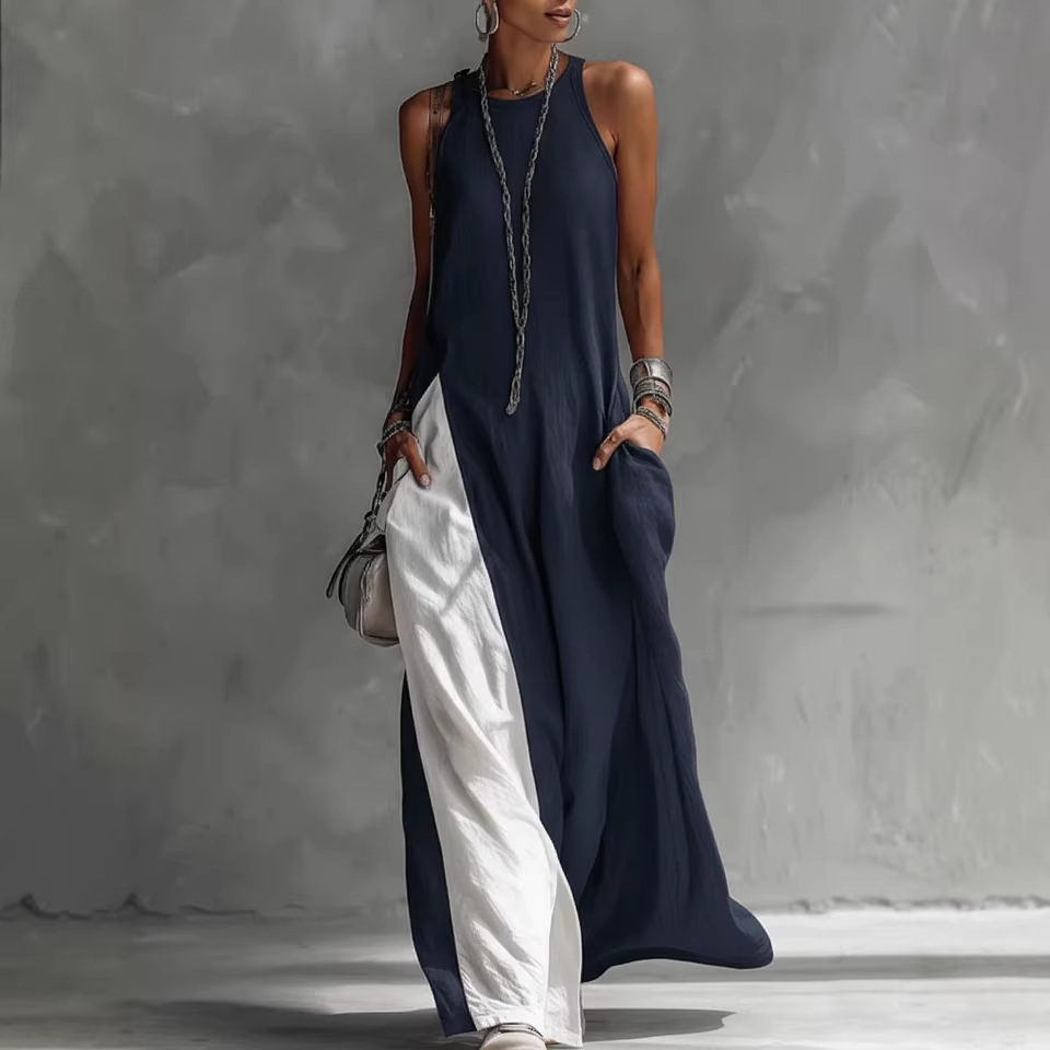 Women's Sleeveless Off-Shoulder Color-Block Dress with Pockets