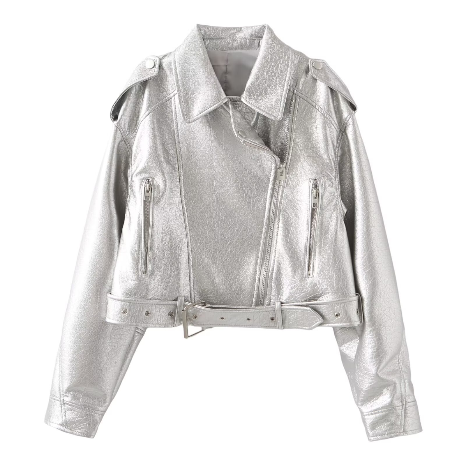 Women's Faux Leather Moto Jacket with Asymmetric Zip and Belt
