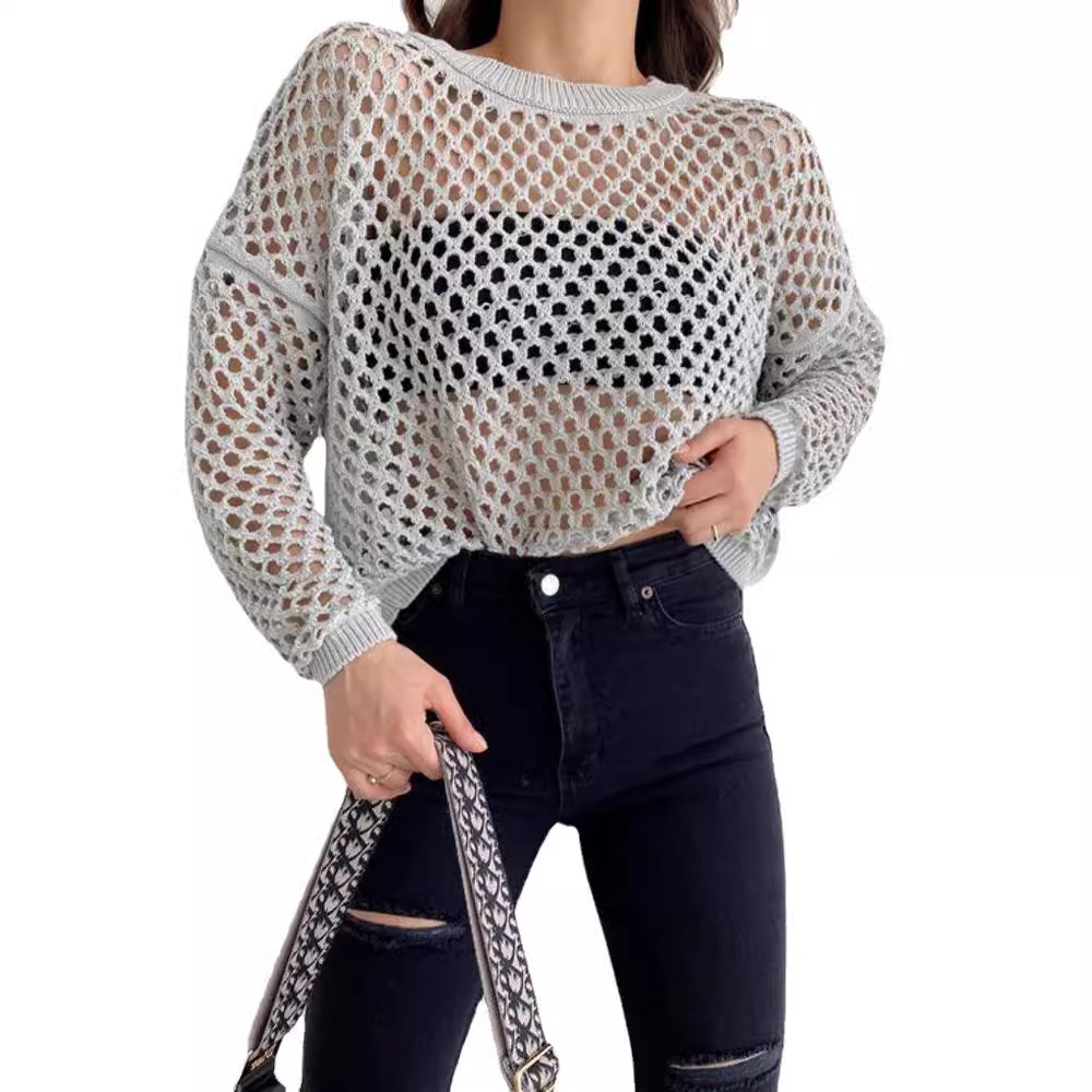 Women's Hollow-Out Knit Sweater with Bell Sleeves, Loose Crew Neck Pullover
