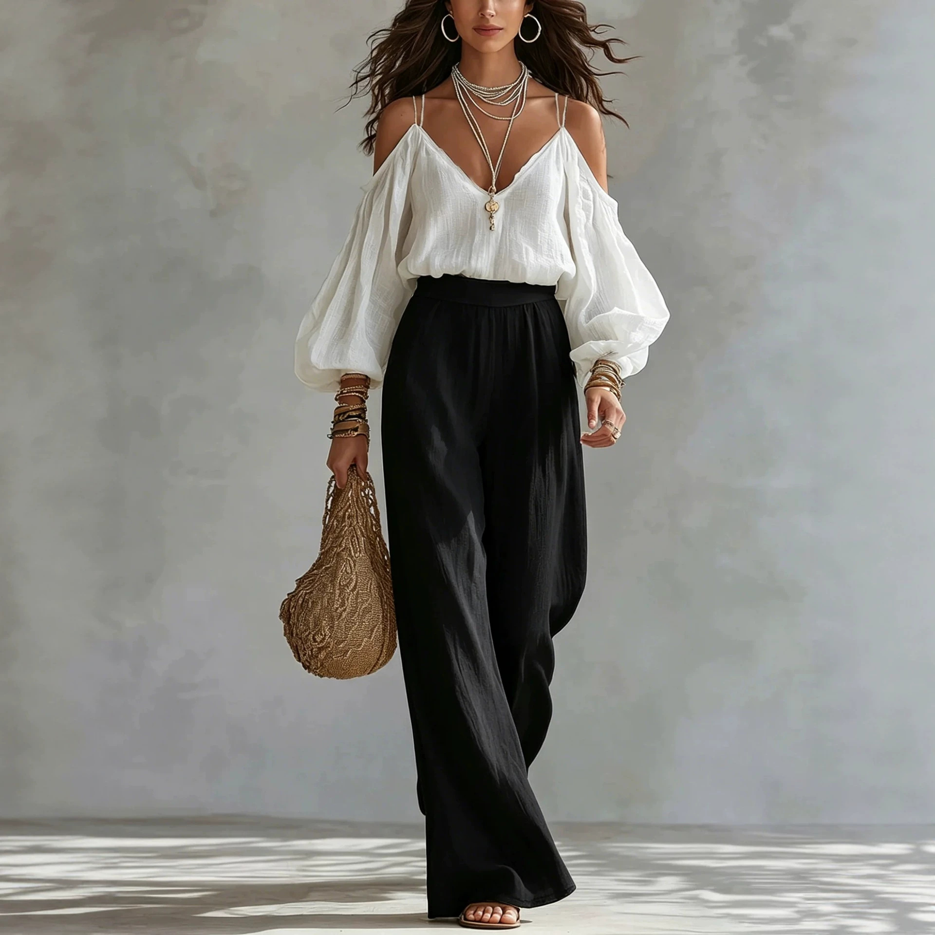 Off-Shoulder Cami Bubble-Sleeve Top & Wide-Leg Pants Two-Piece Set