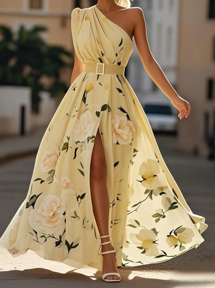One-Shoulder Digital Print Sleeveless Maxi Dress with Belt