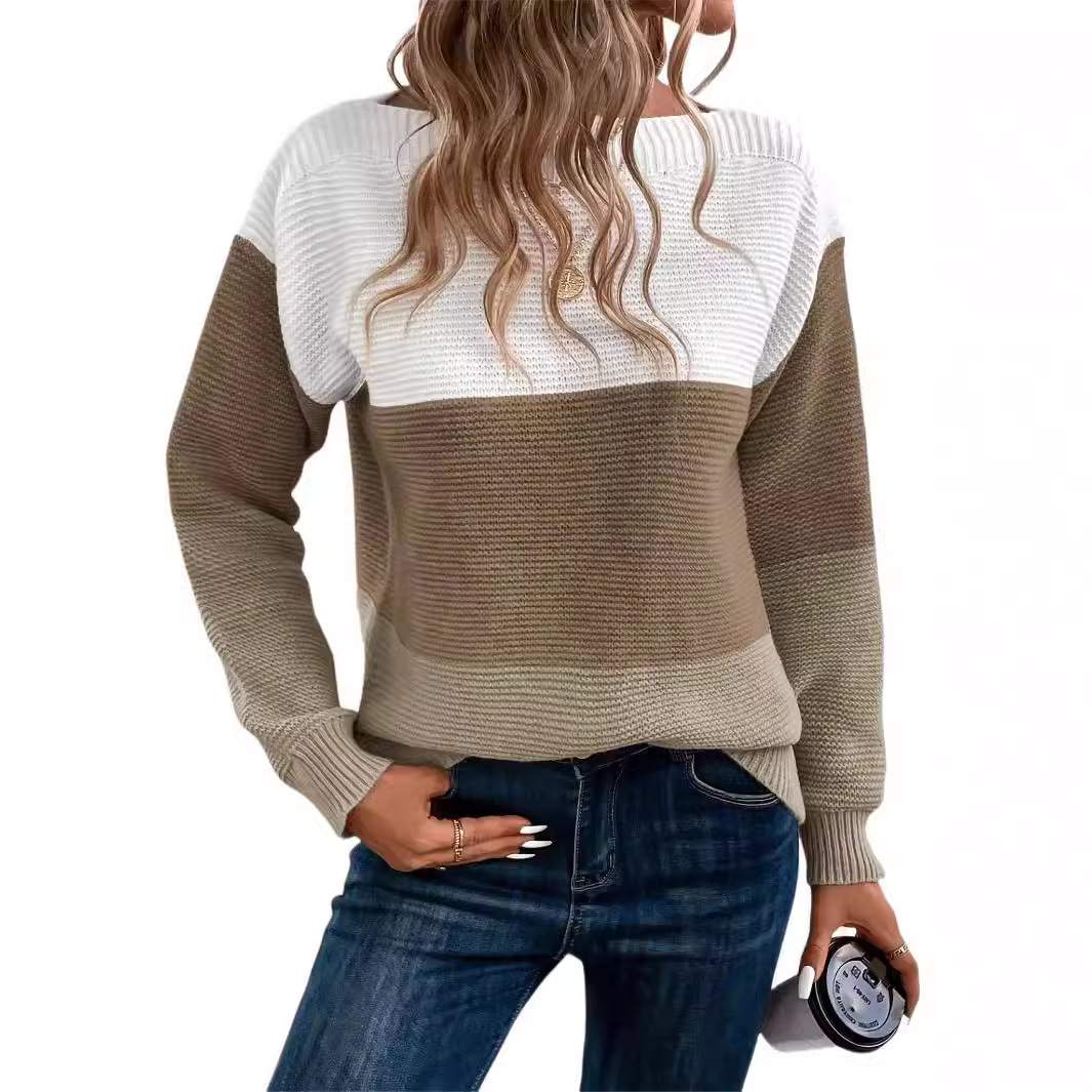 Women's Colorblock Knit Sweater Crewneck Long Sleeve Pullover