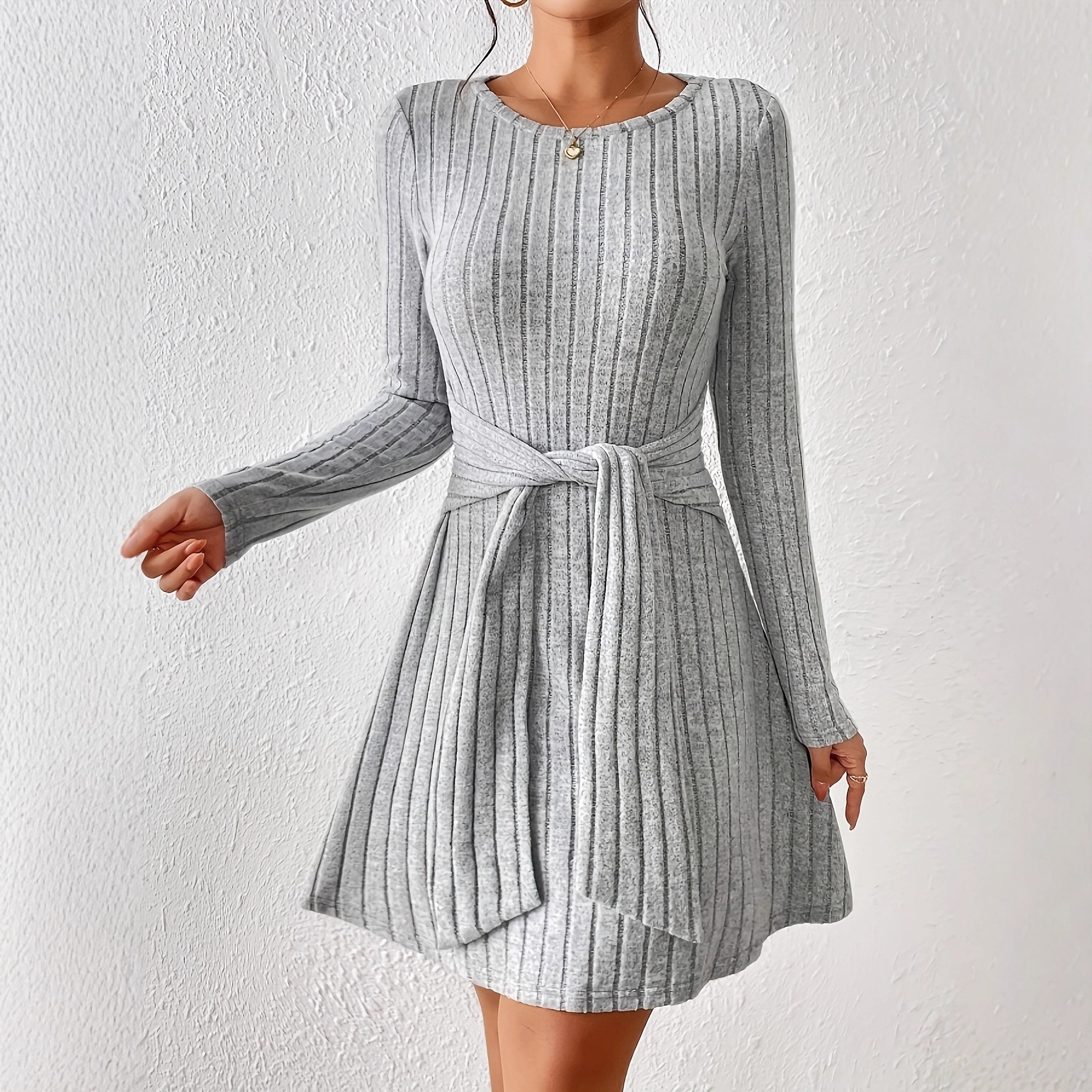 Women's Long Sleeve Ruched Waist Dress Crew Neck A-Line Midi