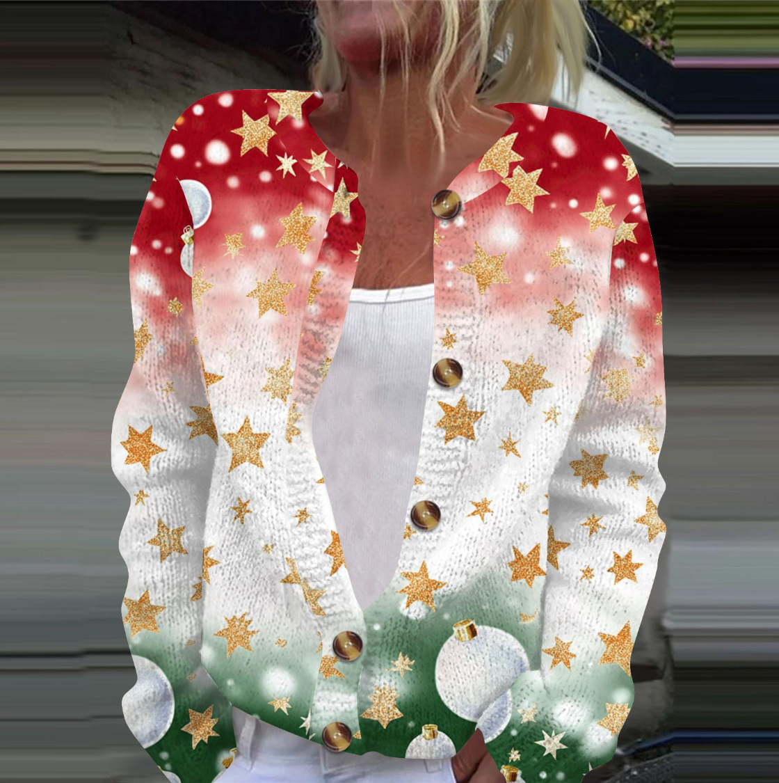 Women's Christmas Snowflake Reindeer Print Button Cardigan Sweater