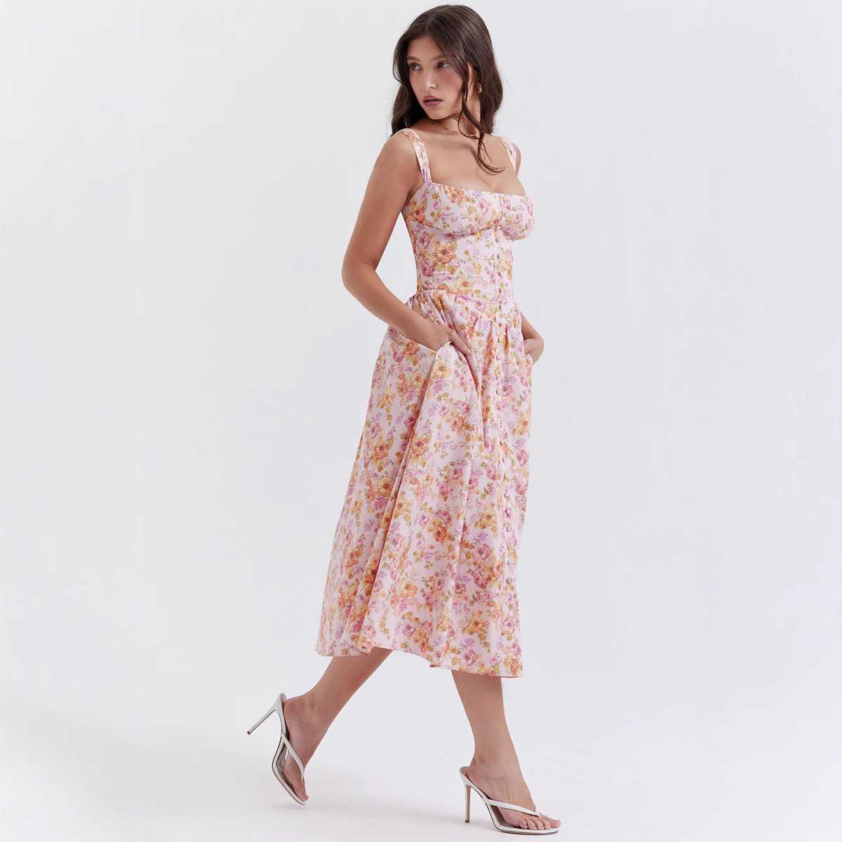 Women's Sleeveless Floral Print A-Line Midi Dress