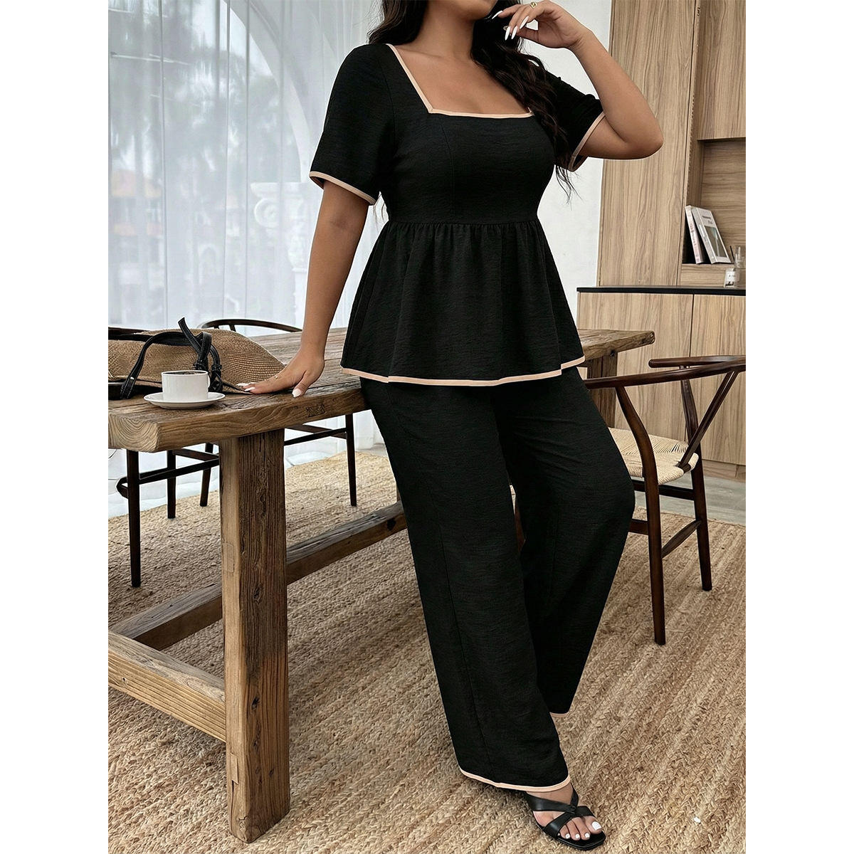 Women's Summer Black Square-Neck Peplum Top & Wide-Leg Pants Set