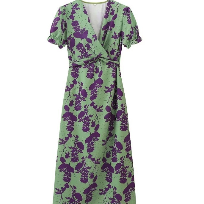 Women's Pleated Floral Print V-Neck Short Sleeve Midi Dress