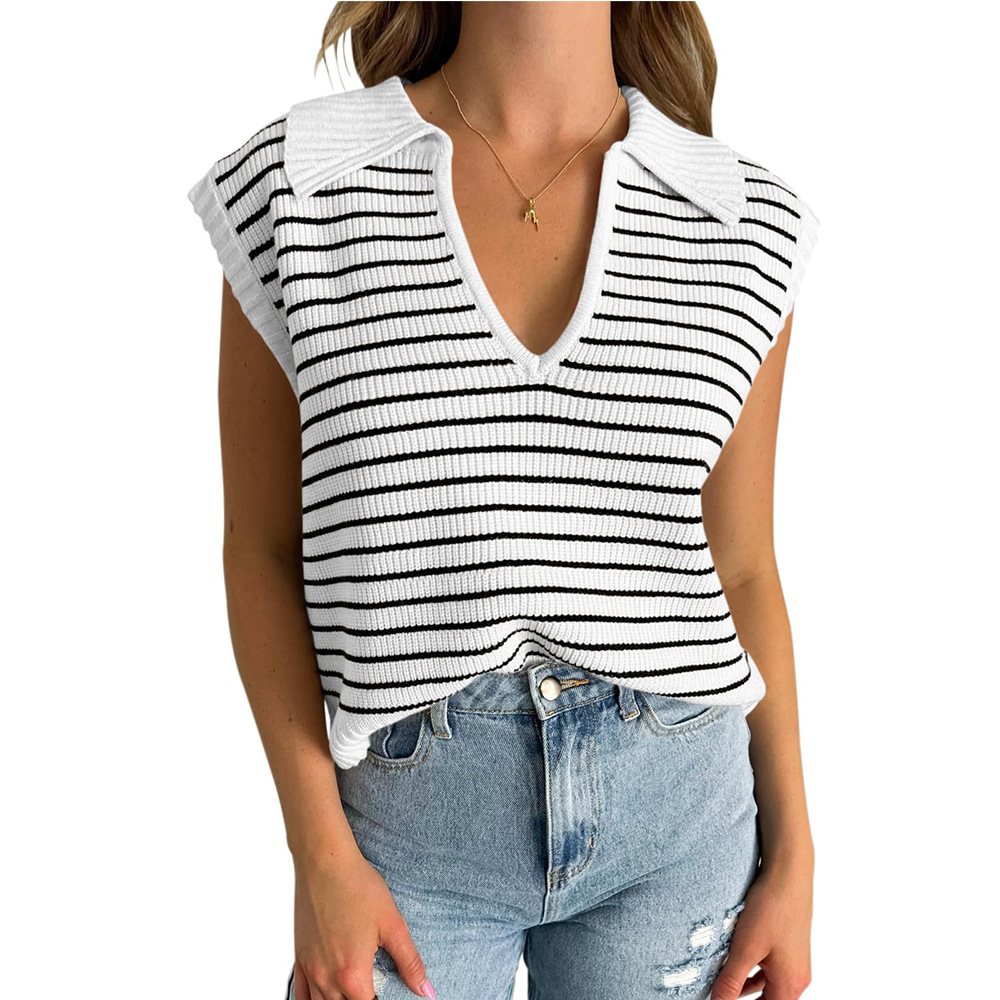 V-Neck Striped Knit Top with Collar