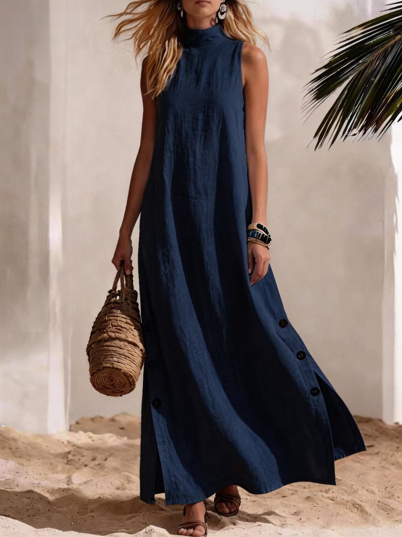 Women's Cotton Linen Short Sleeve Sleeveless Side Slit Midi Dress